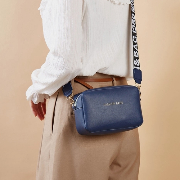 Square Mini Blue Crossbody Bag with Logo Strap NEW - Picture 1 of 14